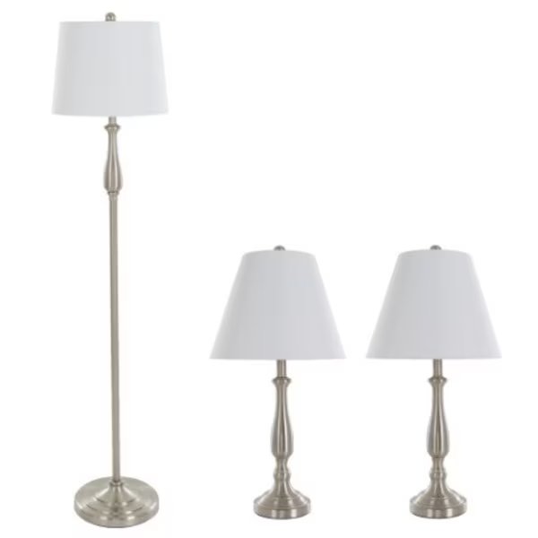 Table Lamps and Floor Lamp Set of 3, Traditional Brushed Steel (3 LED Bulbs included), Hastings Home, Mfr#: 669316KLU